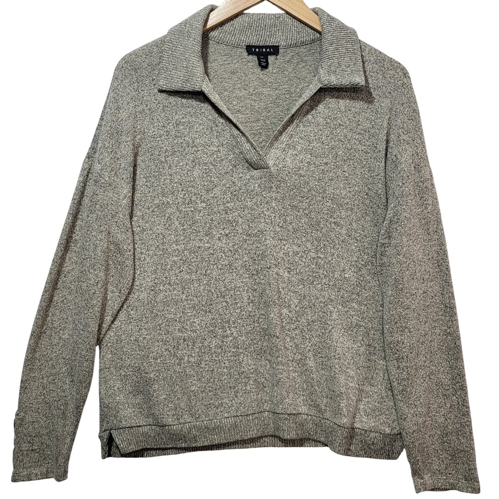 Tribal Womens Grey Heathered Polo Collar V-Neck Sweater Button Cuff Size L 1855O